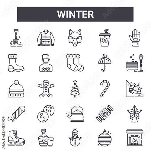 winter outline icon set. includes thin line icons such as shovel, snow boot, candy cane, candy, christmas ball, wolf, fireplace, socks. can be used for report, presentation, diagram, web and mobile