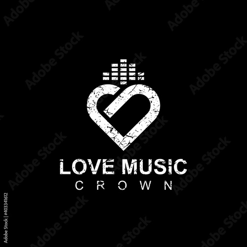 Love music crown logo. Combining heart or love icon (symbol) with equalizer music icon as a crown. Logo with grunge or rough style.