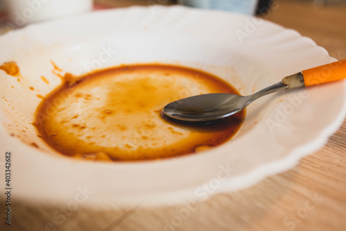 Plate with remains of flan and a spoon perched on it