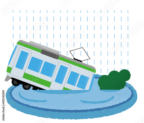 大雨の被害に遭う電車のベクターイラスト