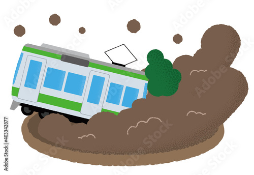 土砂災害に遭う電車のベクターイラスト