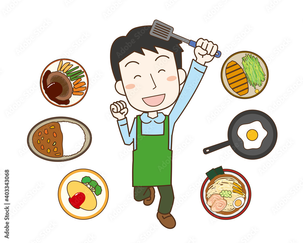 料理をする男性と色々な料理のイラストstock Vector Adobe Stock