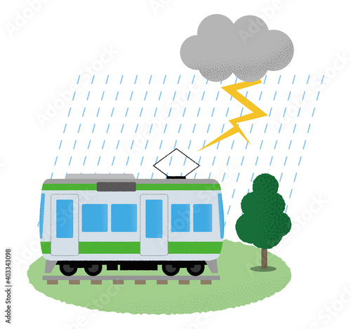 雷雨の被害に遭う電車のベクターイラスト