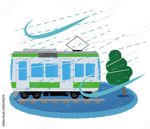  台風の被害に遭う電車のベクターイラスト