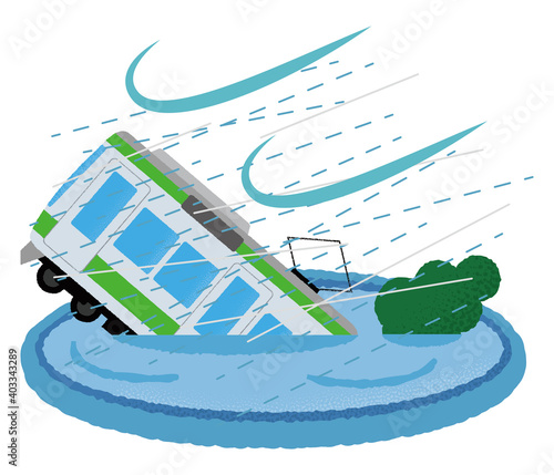  台風の被害に遭う電車のベクターイラスト