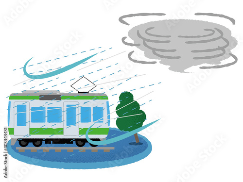  台風の被害に遭う電車のベクターイラスト