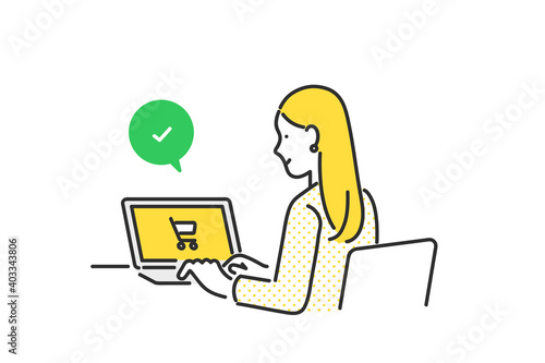 パソコンでオンラインショッピングをする女性のイラスト素材