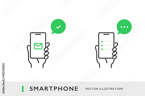 スマホを使ってコミュニケーションのやりとりをするイメージイラスト素材