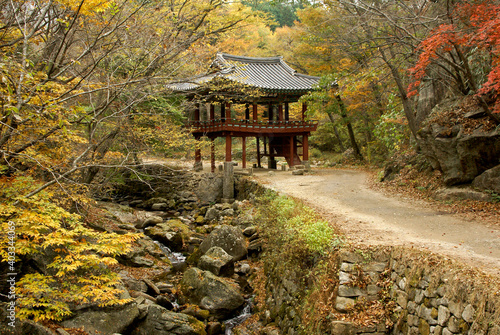 Near Suncheon, South Korea, in Jogyesan Provincial Park, a small pavilion greets visitors on the path to the Seonamsa Buddhist temple complex.