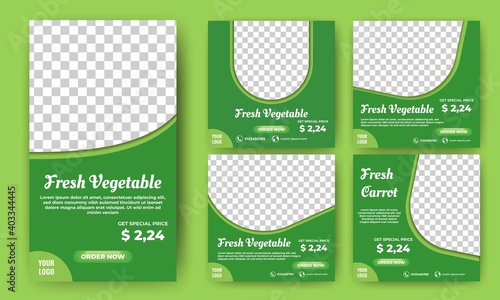 Set of Editable square banner template. Vegetable sale social media post design with green background. Flat design vector with a photo collage. Suitable for social media feed, story, and web ads.