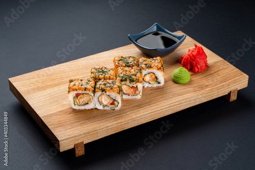 Russian warm sushi rolls with mayo sauce photo