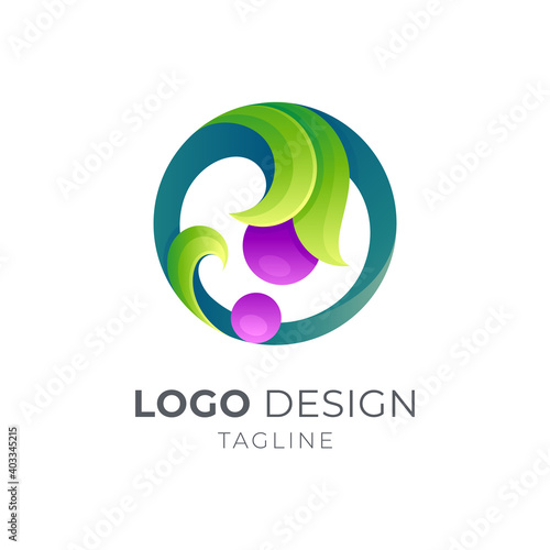 Leaf logo in circle shape with 3d carving concept