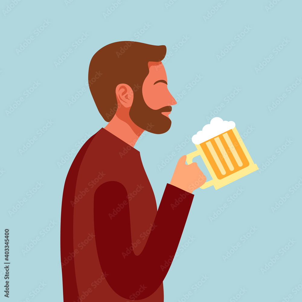 Man with beard drinking beer in flat design. Guy drinking beer for celebrating in party.
