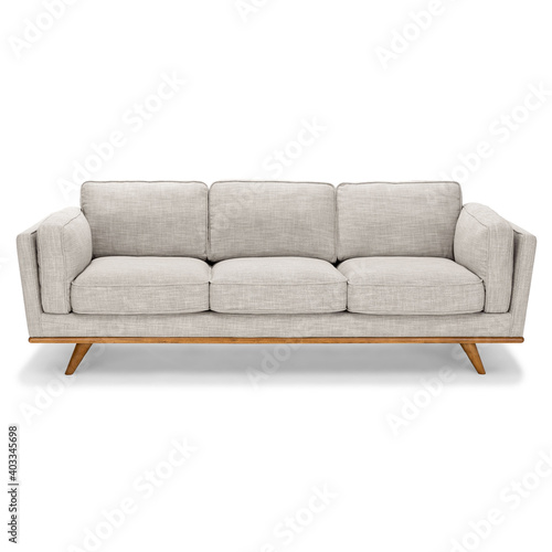 Grey Mid Back Linen Sofa Bed Isolated on White. Upholstered Loveseat with Armrests and Seat Cushion Front View. Tthree 3 Seater Couch. Interior Furniture Design