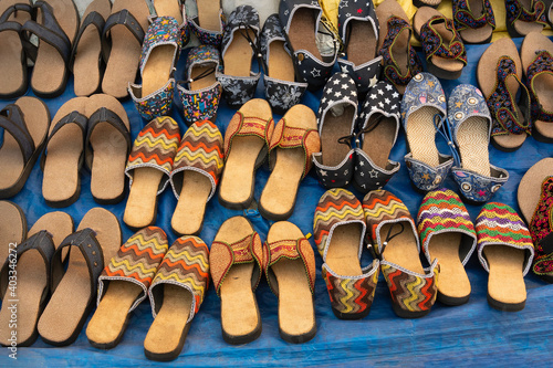 Handmade jute shoes on display, handicrafts show during Handicraft Fair in Kolkata, West Bengal, India - the biggest handicrafts fair in Asia.