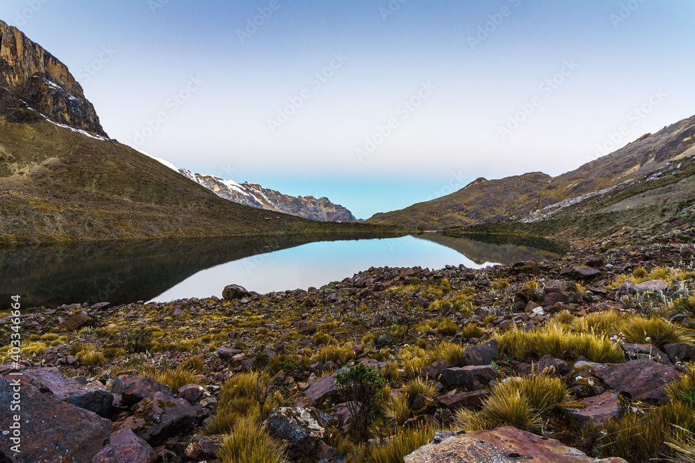 Landscape of lake and mountains in the Peruvian Andes
