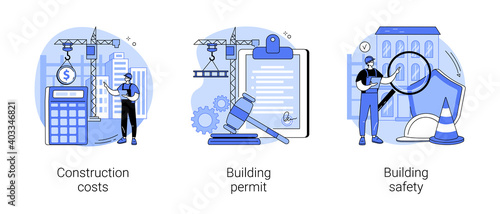 Construction business abstract concept vector illustration set. Construction costs, building permit and safety, protection helmet, contractor engineering, design project, investment abstract metaphor.