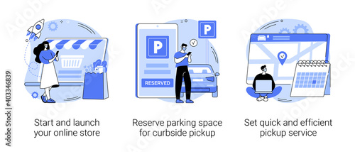 Covid19 business abstract concept vector illustration set. Start and launch your online store, reserve parking space, curbside pickup, set pickup service, employee safety abstract metaphor.