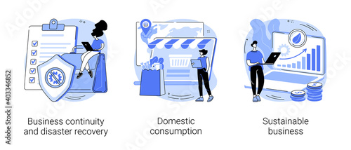 Anti-crisis strategy abstract concept vector illustration set. Business continuity, disaster recovery, domestic consumption, sustainable business, economics, risk management abstract metaphor.