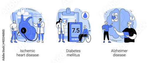 Elderly people health problems abstract concept vector illustration set. Ischemic heart disease, diabetes mellitus, Alzheimerand dementia, coronary artery, blood sugar, memory loss abstract metaphor.