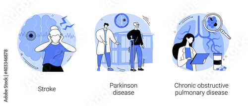 Senior people illness abstract concept vector illustration set. Stroke and parkinson disease tremor, chronic obstructive pulmonary disease, headache, shortness of breath, first aid abstract metaphor.