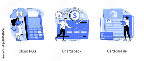 Retail software abstract concept vector illustration set. Cloud POS, chargeback, card-on-file, sale and transaction data storage, pay back, bank account, money transfer, purchase abstract metaphor.