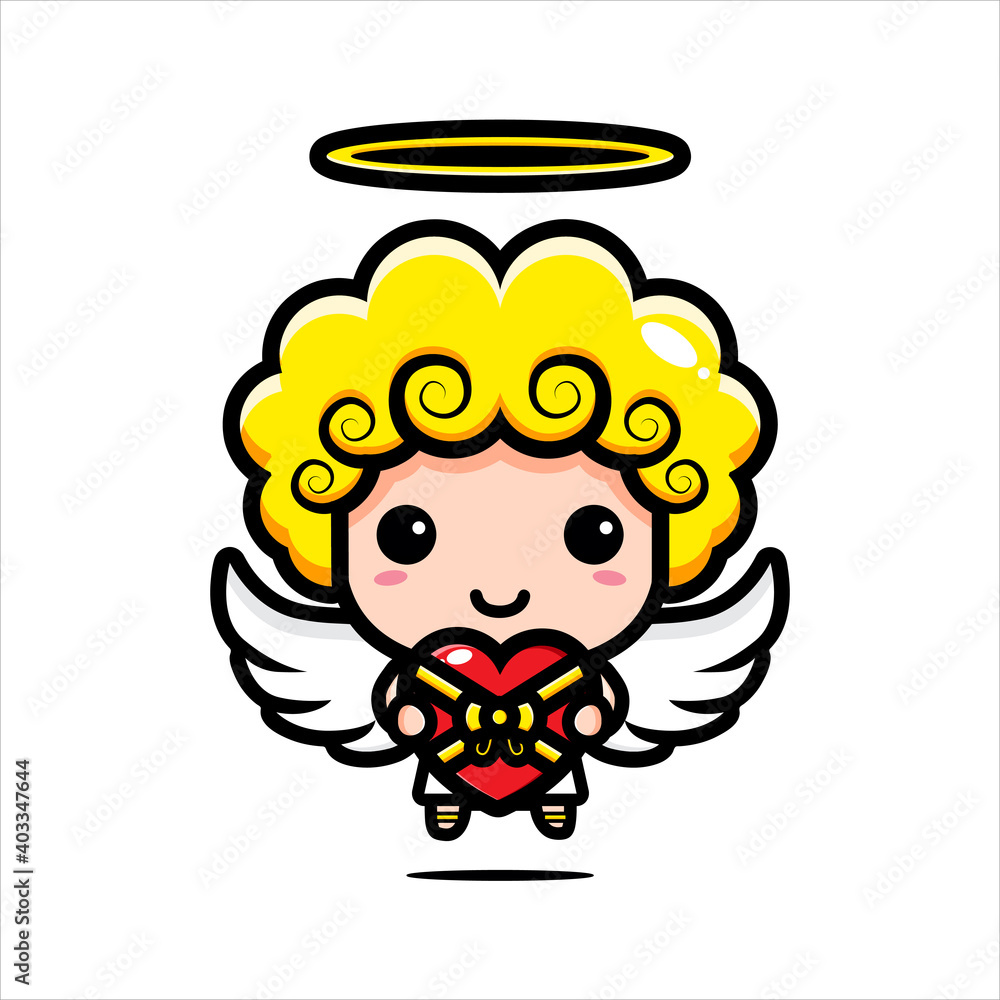 The cute cupid character design brings a heart shaped gift The cute cupid character design brings a heart shaped gift