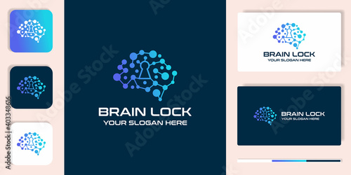 brain lock combination logo with dot molecule and business card design
