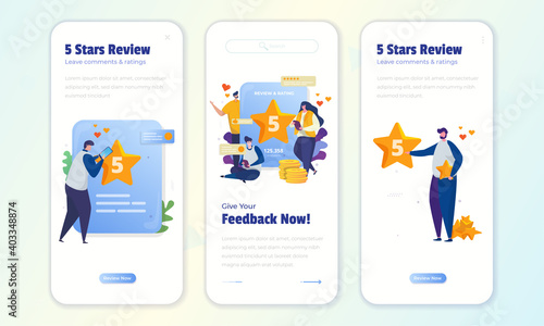 User online review and feedback with give 5 stars rating on onboard screen set