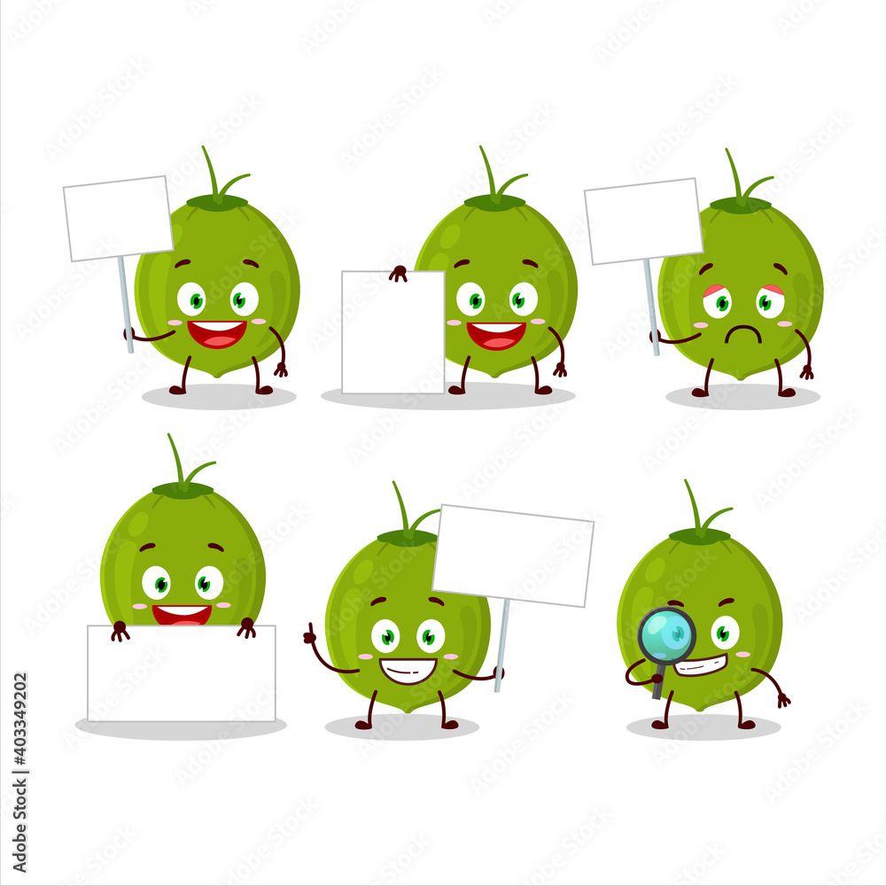 Green coconut cartoon character bring information board Green coconut cartoon character bring information board