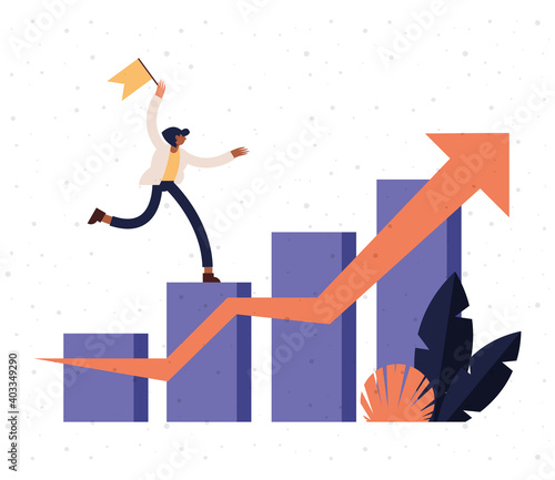 woman cartoon with flag on infographic bars chart with increase arrow vector design