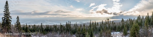Panorama of Superior lake shore with coniferous forest