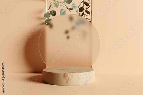 Product display podium with eucalyptus leaves on brown background. 3D rendering