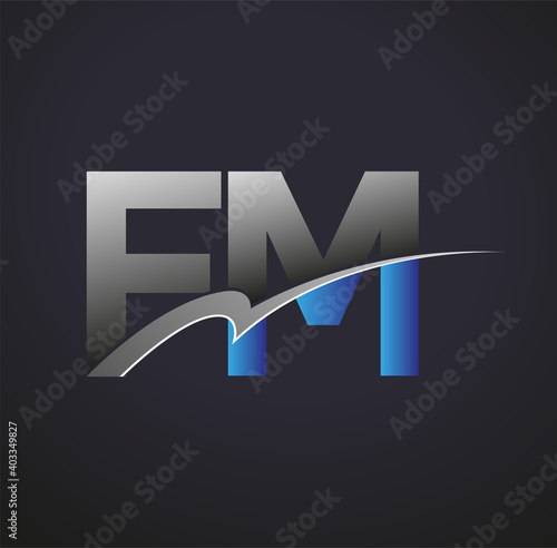 initial letter FM logotype company name colored blue and grey swoosh design. vector logo for business and company identity.