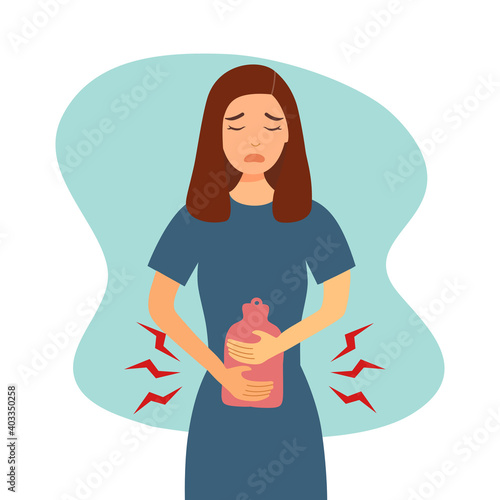 Woman having period pain concept vector illustration on white background. Menstrual cramps. Female relief pain with hot water bag.