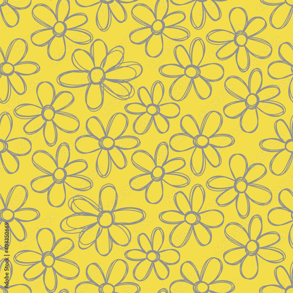 Floral yellow and gray seamless pattern. Hand drawn flowers. Vector illustration. Pen or marker doodle sketch. Line art silhouettes. Сolored scratchboard Floral yellow and gray seamless pattern. Hand drawn flowers. Vector illustration. Pen or marker doodle sketch. Line art silhouettes. Сolored scratchboard