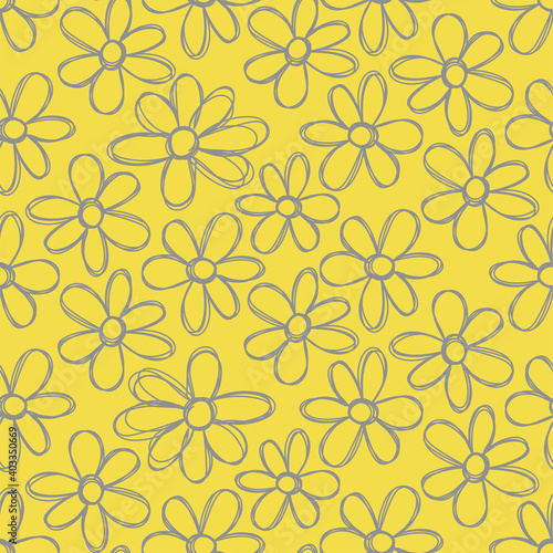 Floral yellow and gray seamless pattern. Hand drawn flowers. Vector illustration. Pen or marker doodle sketch. Line art silhouettes. Сolored scratchboard