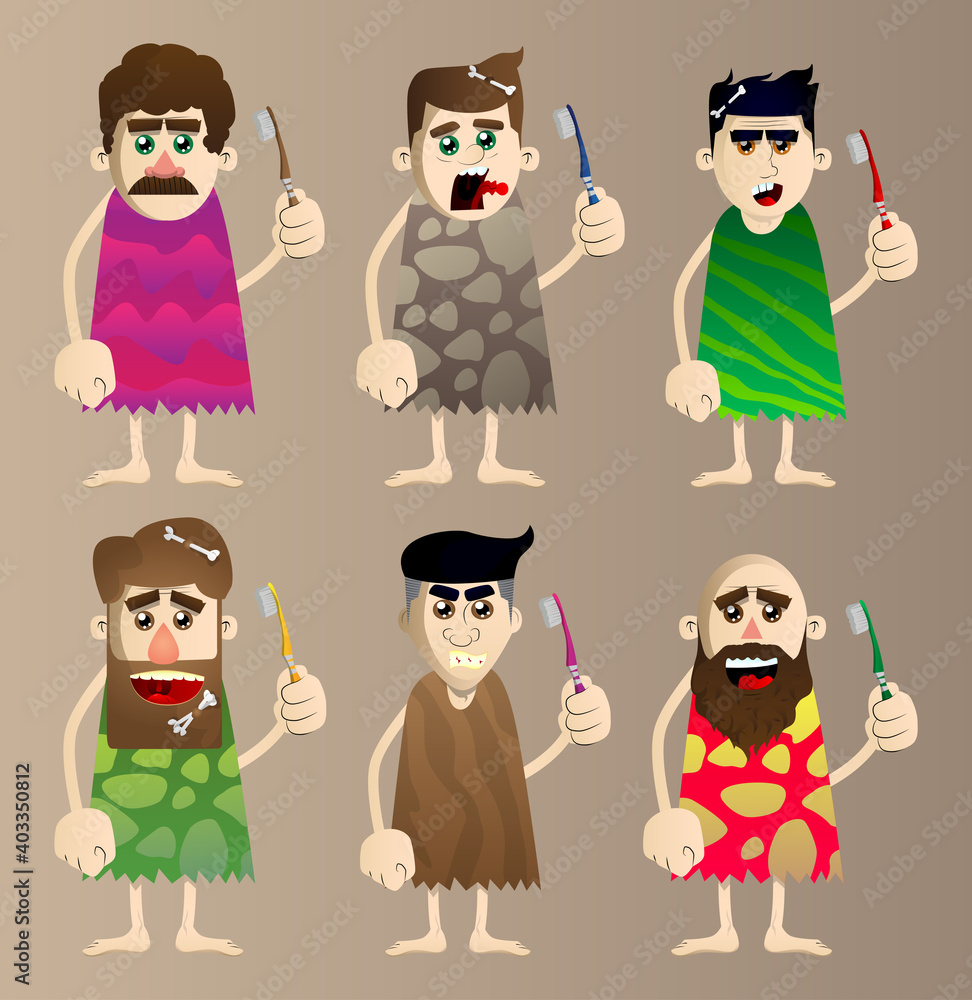 Obraz premium Cartoon caveman holding toothbrush. Vector illustration of a man from the stone age.