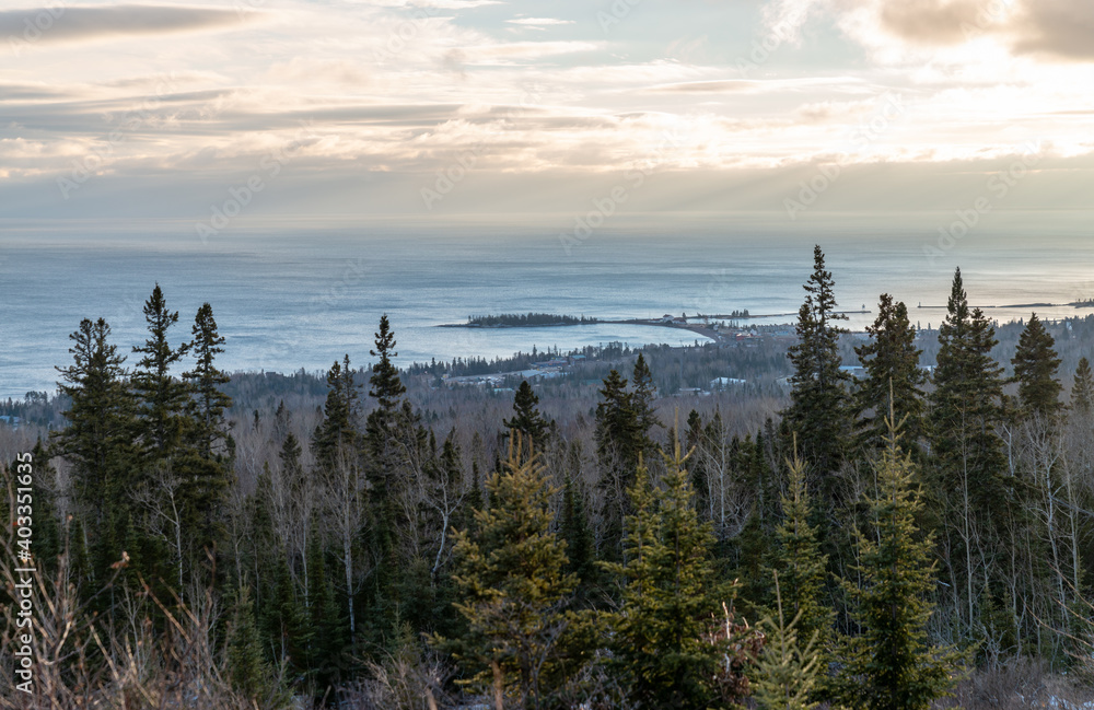 Superior lake shore with coniferous forest