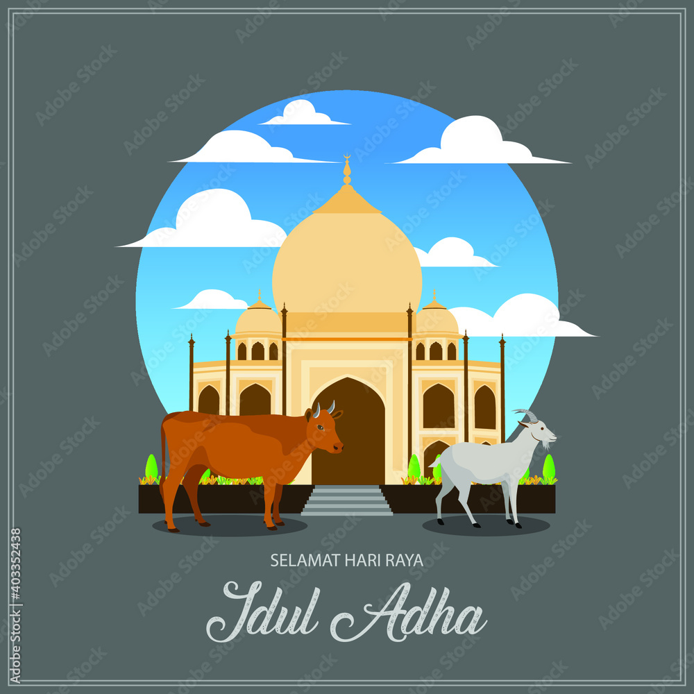Selamat hari raya Idul Adha translates to Eid al Adha mubarak greeting card. Vector of cows and goats and the background of the mosque as a characteristic during the Eid al-Adha celebration.