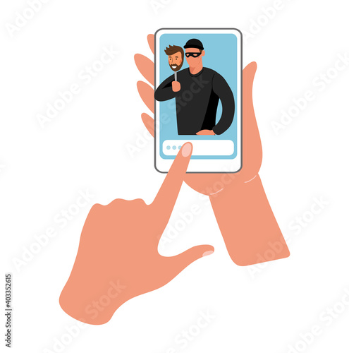 Conceptual illustration of online fraud, cybercrime, data hacking. Fraudster on the phone screen, hands are holding the phone. Flat vector illustration.