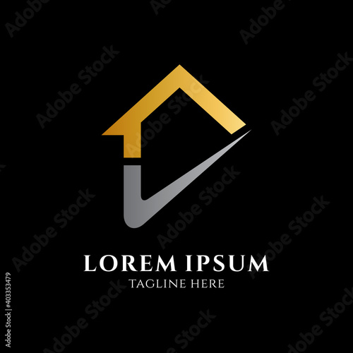 Good house logo. House and check mark with simple flat logo concept in gold and silver color on black background