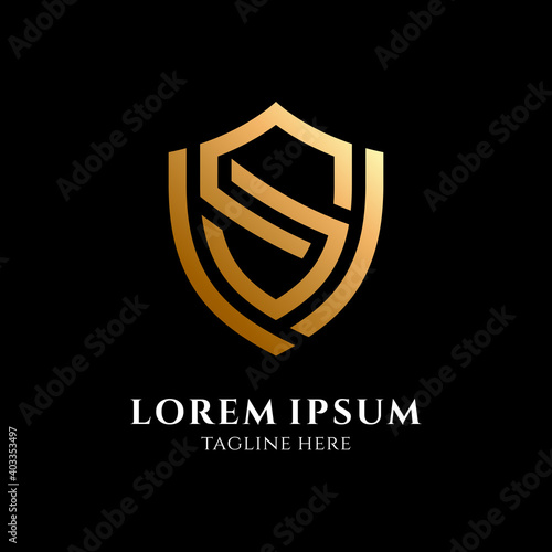 Shield letter S logo template with line concept in gradient gold color on black background