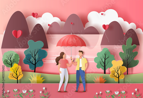 Cute couple in love holding an umbrella in a park in paper illustration, 3d paper.