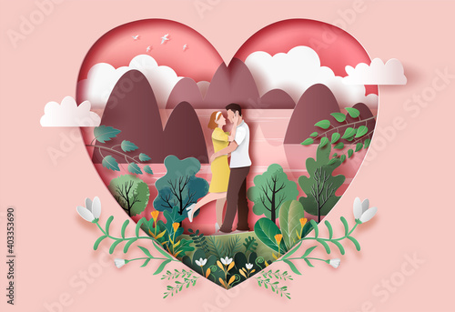 Cute couple in love hugging staring at each other's eyes in paper illustration, 3d paper.