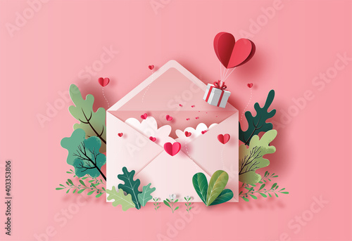 Gift box with heart balloon floating with a love letter in paper illustration, 3d paper.