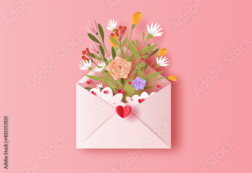 Love letter with a bunch of flowers in paper illustration, 3d paper.