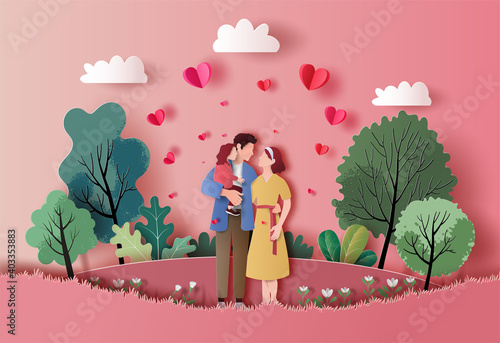 A family enjoys fresh air in the park in paper illustration, 3d paper, many hearts floating with a green and pink background.