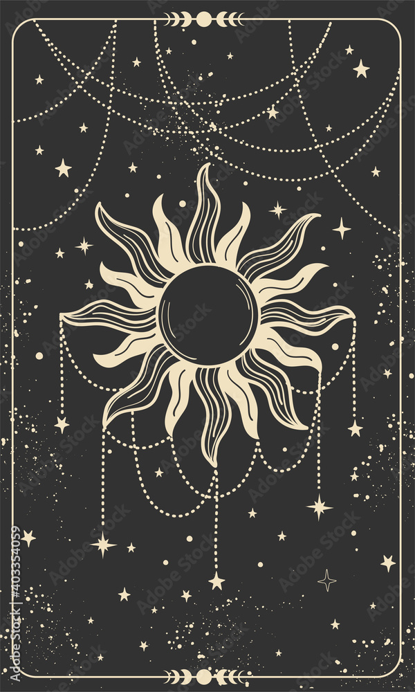 Tarot card with sun, jewelry and stars. Magic card, bohemian design, tattoo,  engraving, cover for the witch. Golden mystical hand drawing on a black  background. vector de Stock | Adobe Stock