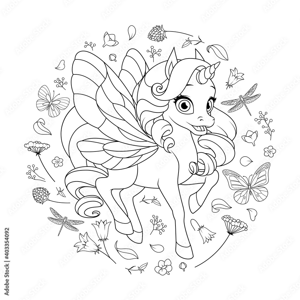 Fototapeta premium Cute fairy unicorn with wings surrounded with flowers and butterflies. Vector coloring page.